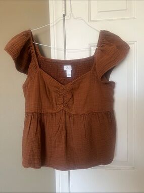 Japra Rust Peplum Flutter-Sleeve Cotton Top